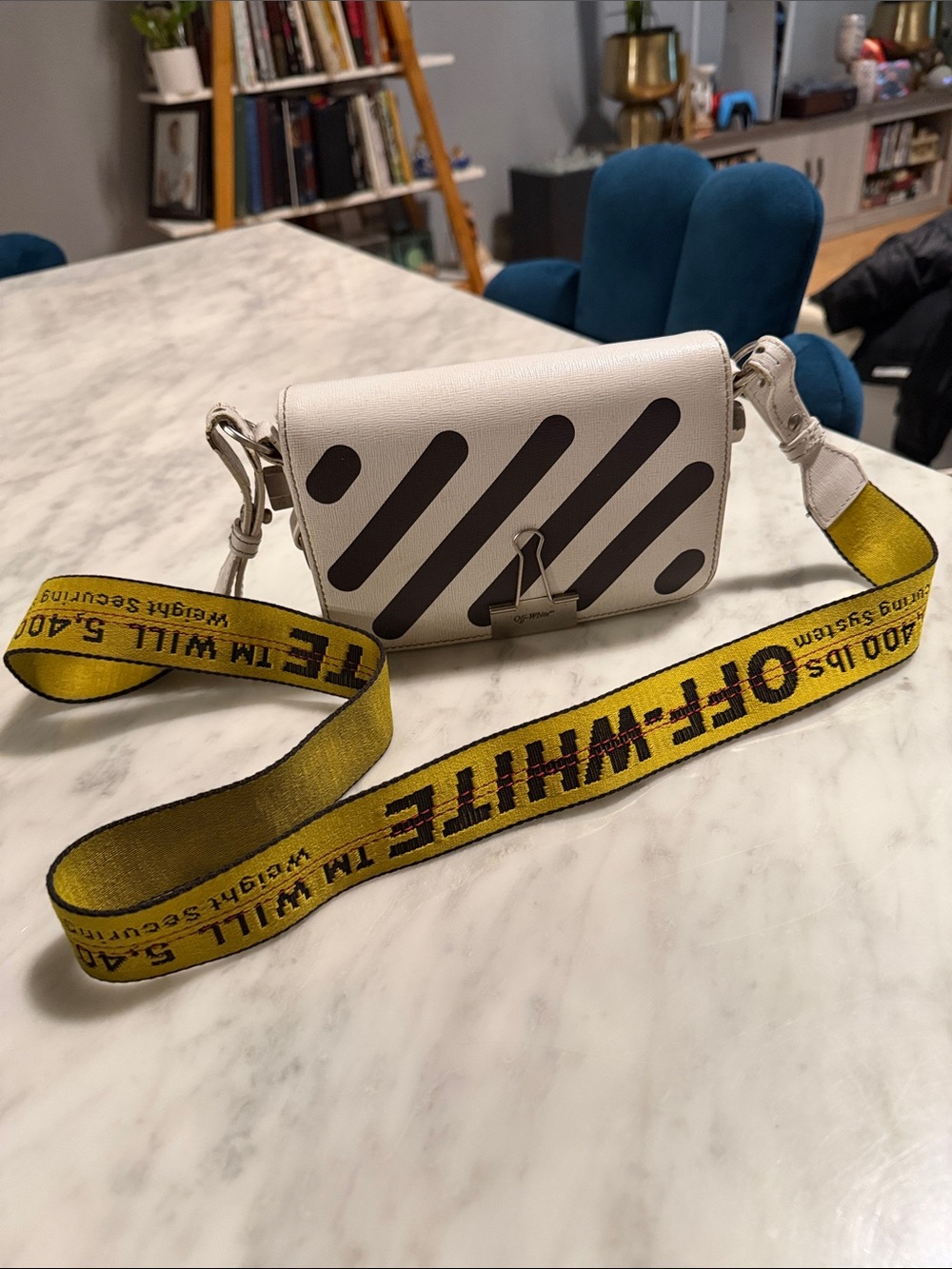 Off-White Diagonal Mini Flap Bag White/Black Leather Crossbody Made in Italy